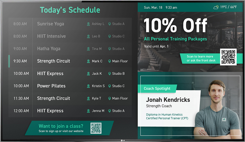 gym digital sign with schedule